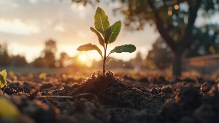 Growing green seedling in sunlit garden nature photography warm atmosphere close-up perspective
