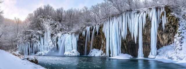 A surreal view of the frozen waterfalls in Plitvice Lakes National Park, Croatia, with icy formations cascading over the cliffs