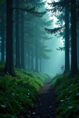 Fototapeta premium Dark and misty forest with long grasses growing in dense thicket, shadows, mysterious