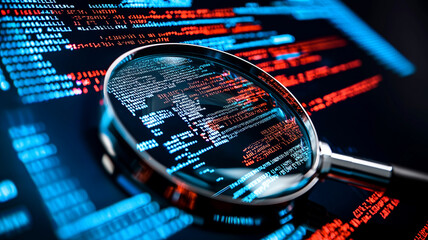 a magnifying glass over a digital code, symbolizing spyware detection.
