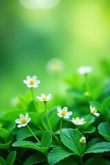Delicate small white flowers amidst lush green foliage, texture, greenery