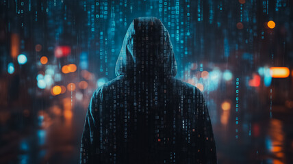 Fototapeta premium Cyberpunk Enigma: A hooded figure stands amidst a digital rain in a cyberpunk cityscape, their identity obscured by shadow and mystery.