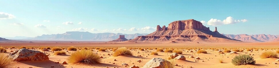 Naklejka premium Deserted peak with sparse vegetation on rocky soil, desert, solitary, isolated