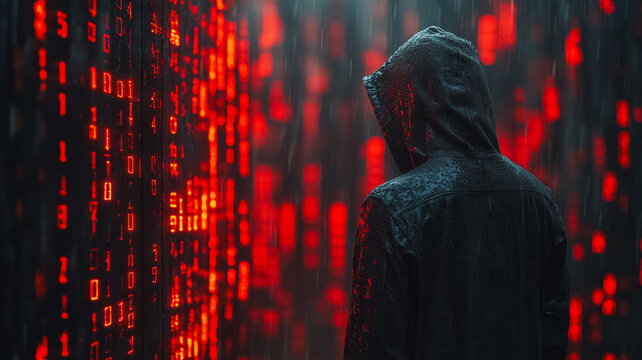 Hooded figure standing before a wall of red binary code in the rain