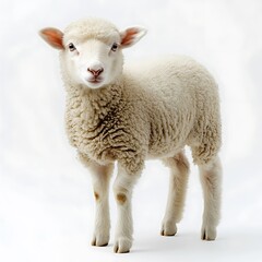 Fototapeta premium Fluffy lamb standing, white background, farm animal, agriculture.