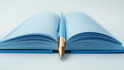 Open Book with Gold Pen: A close-up shot of a light blue notebook open to a blank page, with a gold pen resting in the center.  Ready for your ideas, plans, or stories. 