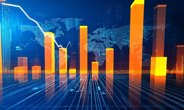 This image depicts a digital representation of financial data, featuring vibrant bar graphs and line charts against a futuristic background, illustrating market trends and analytics.