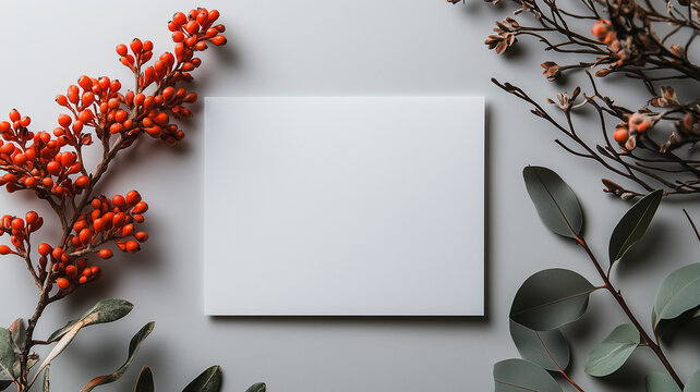 Autumnal Invitation Mockup: Elegant stationery mockup featuring a blank card surrounded by autumnal branches, berries, and eucalyptus leaves.
