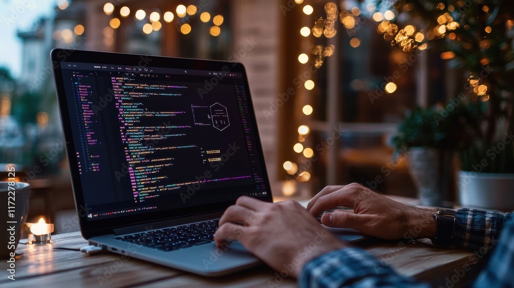 Poster a person types on a laptop displaying code, surrounded by warm lights, creating a cozy atmosphere fo