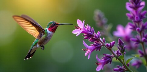 Fototapeta premium Iridescent hummingbird hawk moth flutters around purple flowers, green, Argentinian vervain, flowers