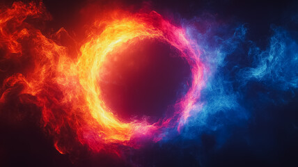 Fototapeta premium Fiery and icy smoke ring with contrasting red and blue colors