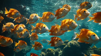 Fototapeta premium Underwater school of vibrant orange fish swimming near coral reef.