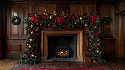 A beautifully decorated fireplace adorned with festive greenery and red ribbons.