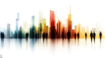 Fototapeta premium Abstract City Skyline with Silhouetted Figures in Urban Environment