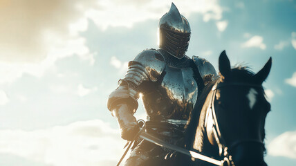 Naklejka premium A heavily armored knight on a mechanical horse, poised for an intense jousting match in a futuristic medieval tournament, showcasing advanced technology and traditional combat.
