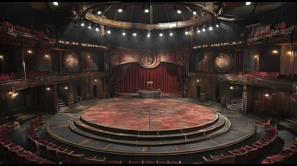 Obraz premium Grand, circular theater stage with red velvet curtains, ornate details, and tiered seating.