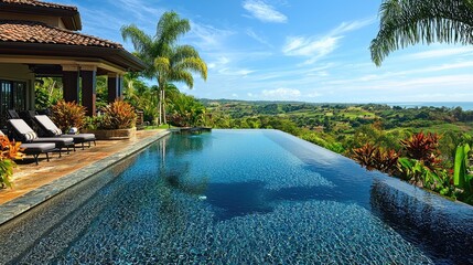 Luxurious infinity pool overlooking lush greenery and hills under a clear blue sky.