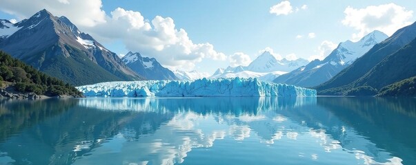 Glacier's vast expanse reflected in still water, serene scenery, calm water