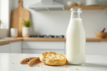 Bottle of fresh milk and wheat biscuit on a minimalist kitchen counter, white, clean