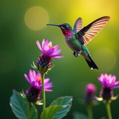 Fototapeta premium Iridescent hummingbird hawk moth flutters around purple flowers, green, sunset