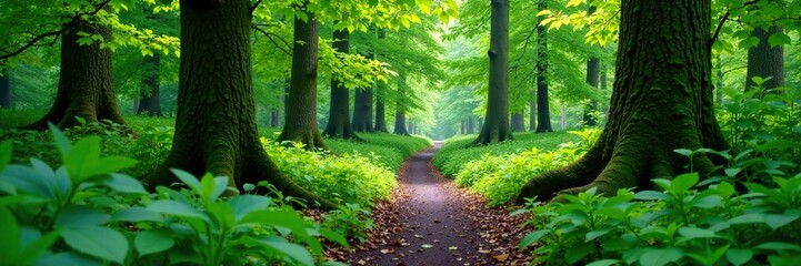Fototapeta premium Lush foliage and moss-covered tree trunks along a winding forest path, greenery, trees, forest path
