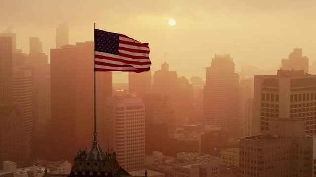 Aerial Drone Shot of American Flag Waving at Sunrise Over San Francisco Skyline and Nob Hill, California