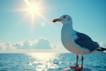 Fototapeta premium Seagull against blue background with warm sunbeams, peaceful, clouds