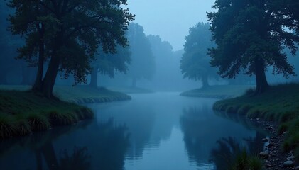 Obraz premium Misty river flowing under cypress trees at night, mist, serene