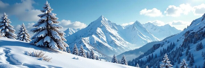 Montagne innevate con neve scivolante nel fondo, snowflakes, mountains, tree