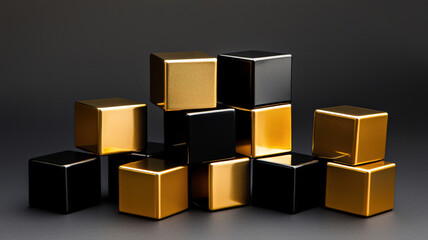 Obraz premium A high-contrast arrangement of glossy black and gold cubes stacked asymmetrically, creating a striking visual with an elegant interplay of light and shadow.