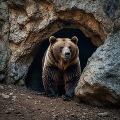 Photograph a bear emerging from a cave, evoking primal strength.