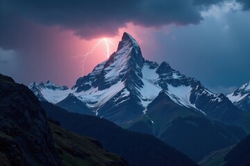 Dark stormy sky with lightning strike near snow-capped mountain peak, rugged, lightning, mountains
