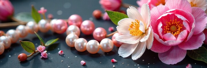 Fototapeta premium Pearls and multicolored beads entwined with peony stems, colorful, flowers, pearl