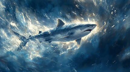 Fototapeta premium Majestic tiger shark swimming in turbulent ocean waters, sunlight breaking through the surface.