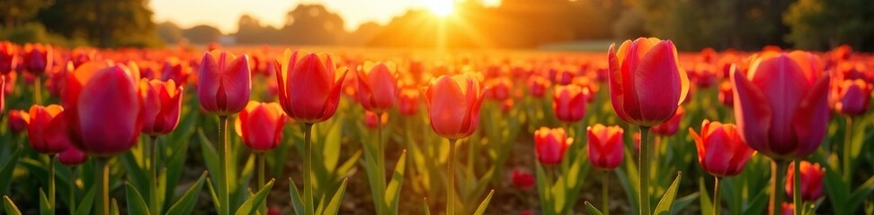Evening sun casts a warm glow on tulip fields, grass, sun, nature