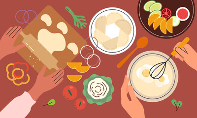 Food cooking top view. Sign or poster for restaurant menu with dish cook. Chef cooking at kitchen with meal ingredients