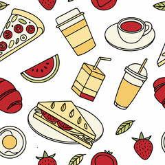 This seamless pattern features a variety of cartoon-style food items, including pizza, watermelon, sandwiches, croissants, juice boxes, coffee cups, teacups, and strawberries.