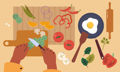 Food cooking top view. Sign or poster for restaurant menu with dish cook. Chef cooking at kitchen with meal ingredients