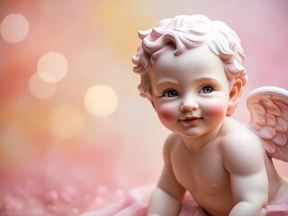 Adorable Cherubic Baby with Soft Curly Hair and Delicate Wings Posing Against a Dreamy Pink Background, Capturing Innocence and Joyful Spirit of Childhood