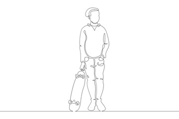 Teenager child stands with a skateboard. Extreme sport. One continuous drawing line  logo single hand drawn art doodle isolated minimal illustration.