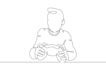 Child boy plays a game console in the hands of a joystick. One continuous drawing line  logo single hand drawn art doodle isolated minimal illustration.