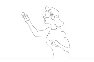 Little teenager child playing virtual reality. Character in a helmet with glasses of virtual reality. One continuous drawing line  logo single hand drawn art doodle isolated minimal illustration.