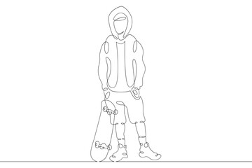 Teenager child stands with a skateboard. Extreme sport. One continuous drawing line  logo single hand drawn art doodle isolated minimal illustration.