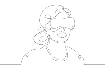 Little teenager child playing virtual reality. Character in a helmet with glasses of virtual reality. One continuous drawing line  logo single hand drawn art doodle isolated minimal illustration.
