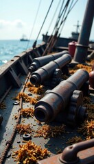 Rusted cannons and anchors on a damaged shipwreck, vessel, metal, seaweed