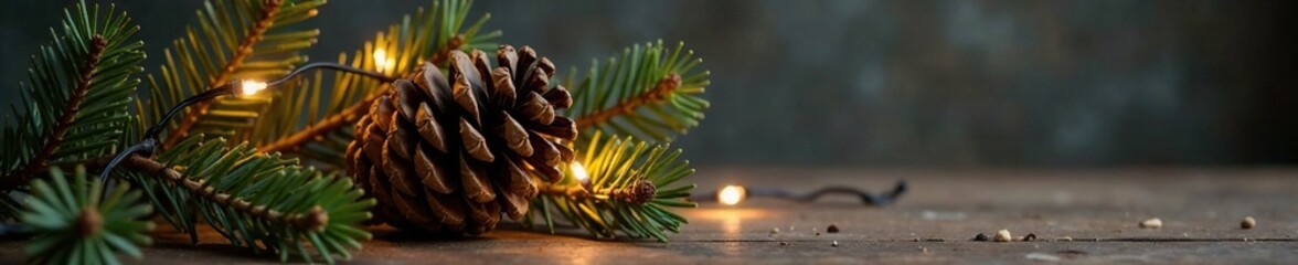 Rustic pinecone branch adorned with soft yellow and gray twinkle lights, rustic, brown