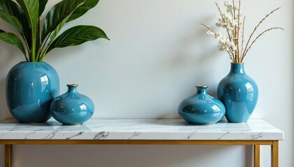Gold and blue accents on a marble console table, accent, table, decorative