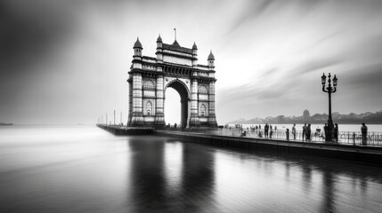 Obraz premium stunning black and white photo of iconic Gateway of India, showcasing its majestic architecture and serene waterfront. long exposure captures movement of people and water beautifully