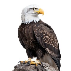 Fototapeta premium Majestic bald eagle perched on wood, against white background; wildlife, nature photography for websites, books.