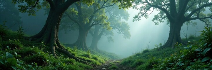 Fototapeta premium A misty forest scene with ancient trees and overgrown underbrush, mist, bushes